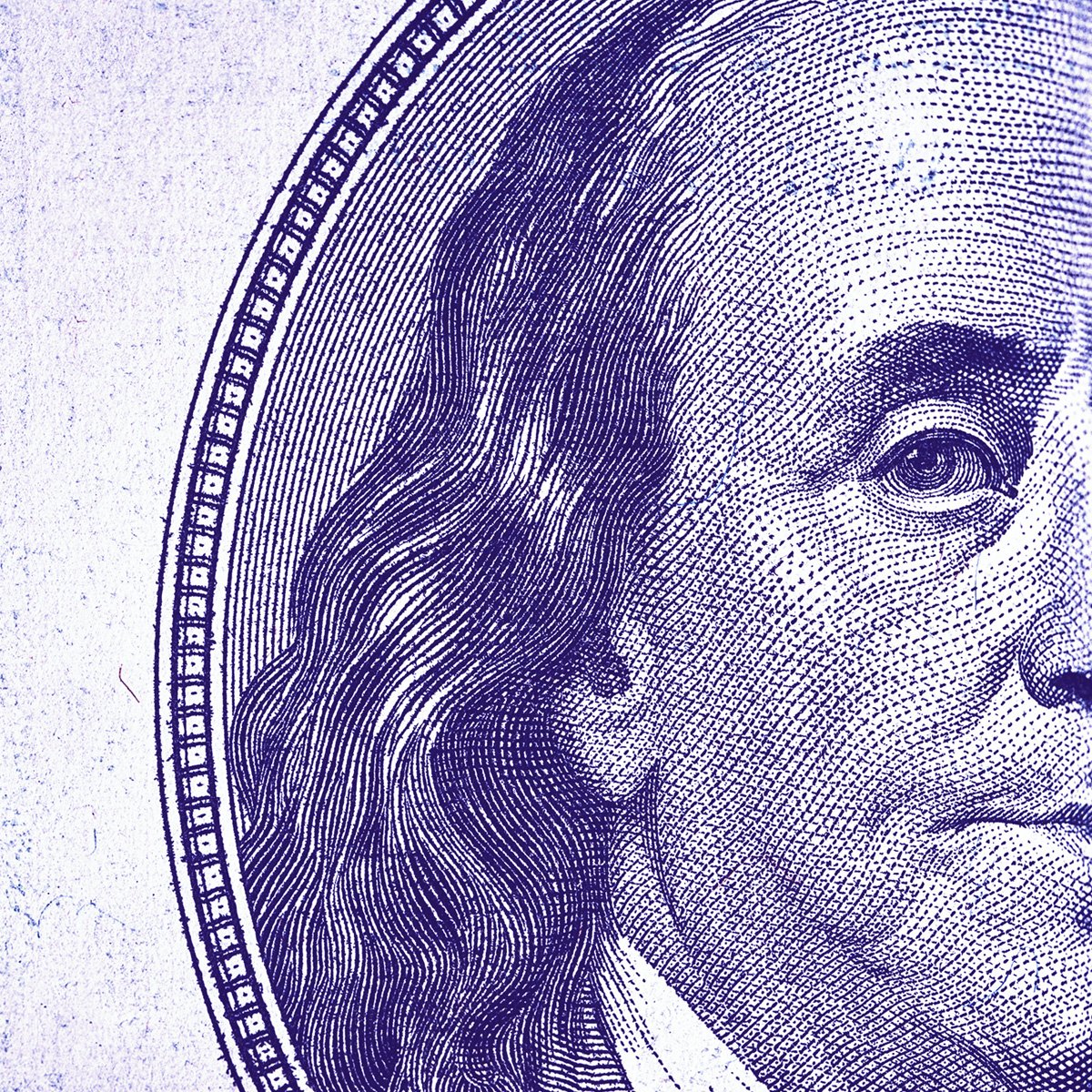 closeup image of half of Benjamin Franklin's face